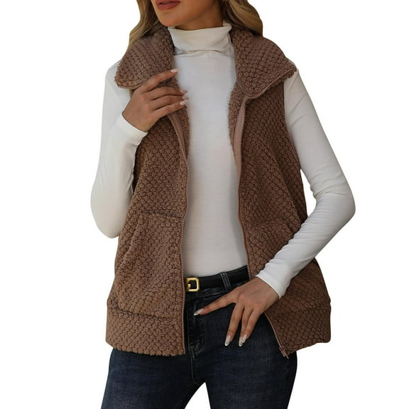 jtjvou Fleece Vest Women Fall Winter Fuzzy Sleeveless Jacket Ladies Lightweight Warm Outerwear Vests Fashion Casual Brown XXL
