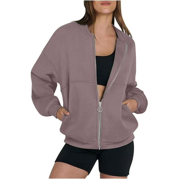 jtjvou Full Zip Up Sweatshirt Women No Hood Fall Winter Trendy Casual Loose Long Sleeve Workout Collared Jacket with PocketsBrown XXL