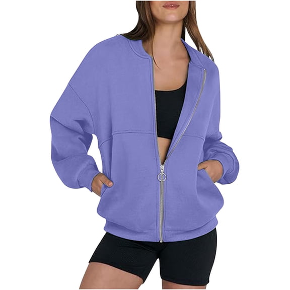 jtjvou Full Zip Up Sweatshirt Women No Hood Fall Winter Trendy Casual Loose Long Sleeve Workout Collared Jacket with PocketsPurple XL