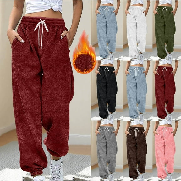 jtjvou Furry Joggers for Women Baggy Drawstring Elastic High Waist Sweatpant Fashion Solid Color Long Pant with Pockets Green L