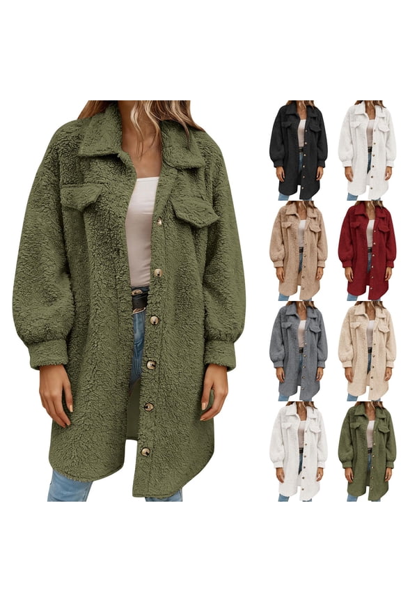 Fuzzy Fleece Jackets for Women Fashion Long Sleeve Lapel Button Down Long Teddy Coat Faux Fur Warm Winter Outwear Green L