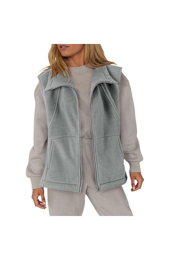 Fuzzy Fleece Vest for Women Casual Sleeveless Sherpa Zip up Jacket Lapel Collar Fall Outfits Clothes with Pocket Gray XXL