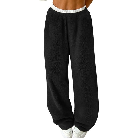 jtjvou Fuzzy Pants for Women Drawstring Elastic Waist Wide Leg Fleece Pajama Pant Winter Comfy Solid Color Loose Fit Trousers Black XL