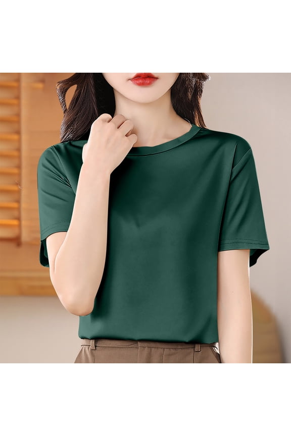 Gorgeous Pure Color Tops for Women Fashion Round Neck Short Sleeve Pullover T-Shirt Tunic Top Dressy Loose Versatile Top Green S