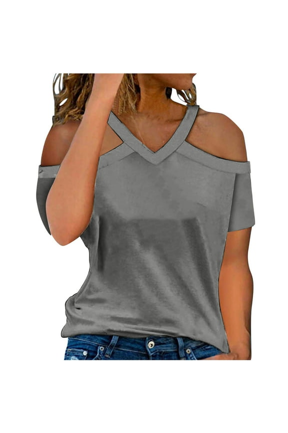 Halter Neck Cold Shoulder Tops Women Short Sleeve V Neck Shirts Cutout Open Shoulder Summer Casual Dressy Tunic Blouse Gray S