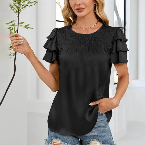 jtjvou Heevina Short Sleeve Shirts for Women Pleated Ruffle Crewneck Solid Color Basic Tshirts Casual Tops Summer Fall Black L