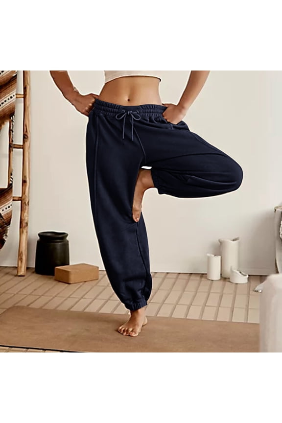 High Waist Casual Trousers Drawstring Pockets Fleece Lined Winter Long Pants Comfortable Fashion Style Daily Wear Blue S