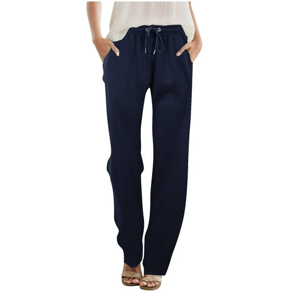 jtjvou High Waist Straight Barrel Pants Elastic Drawstring Casual Comfy Summer Soft Breathable Regular Length Women's Trousers for Daily Workout Versatile Style Blue M