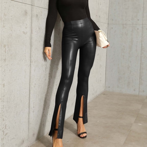 jtjvou High Waisted Bifurcate Trousers Comfortable Full Length Pants Solid Color Casual Fashion Elastic Waist for Daily Wear loungewear outdoor activities Black L