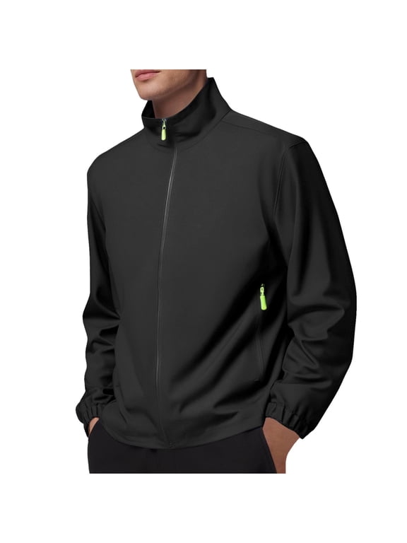 Hiking Jackets for Men Stand Collaed Lightweight Windbeaker Solid Color Hoodless Jackets Zip up Sports Jackets Black M