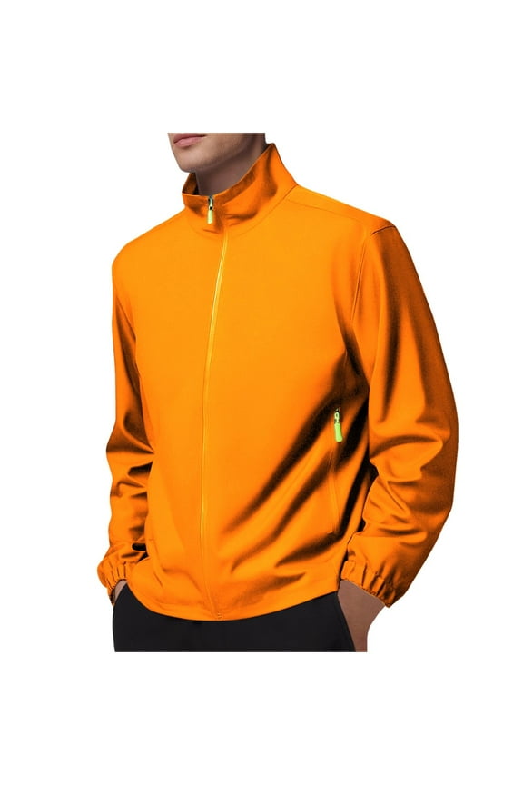 Hiking Jackets for Men Stand Collaed Lightweight Windbeaker Solid Color Hoodless Jackets Zip up Sports Jackets Orange S