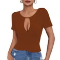 thumbnail image 1 of jtjvou Hollowed Out Slim Casual Short Sleeve Round Neck Top Soft Breathable Fabric Cute Feminine Shirt Daily Wear Shopping Outgoing Women Fashion Blouse Brown L, 1 of 8