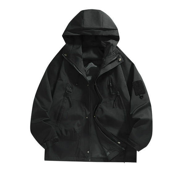 jtjvou Hooded Jacket Outdoor Water-Resistant Wind-Resistant Fishing Camping Long Sleeve Casual Outerwear Black XL