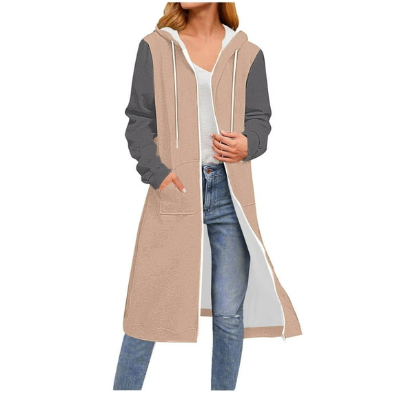 jtjvou Hoodie Dress for Women with Pocket Casual Warmy Hoodies Women's Pullover Split Hem Drawstring Long Sweatshirts Beige S