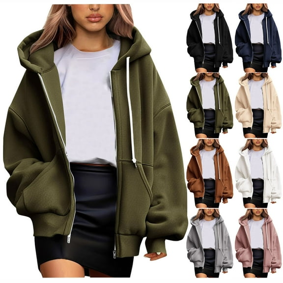 jtjvou Hoodies For Women Zip Up Hoodie Oversized Sweatshirt Fleece Jackets Fall Winter Coats 2025 Fashion Green L