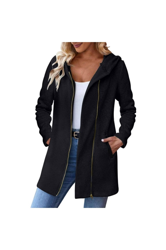 Hoodies for Women Mid Long Jackets Full Zipper Slim Windbreaker Solid Trendy Coat Outdoor Fall Winter Jacket Casual Black L