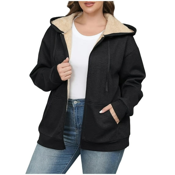jtjvou Hoodies for Women Winter Solid Color Fleece Sweatshirt - Full Zip Up Thick Lined Hooded Jacket Black XL