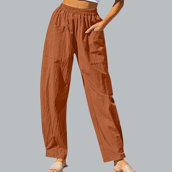 jtjvou Imitation Linen Pants Drawstring Elastic Waistband Pocket High Waist Casual Trousers Regular Length Everyday Wear Women’s Fashion Seaside Vacation Orange XXL