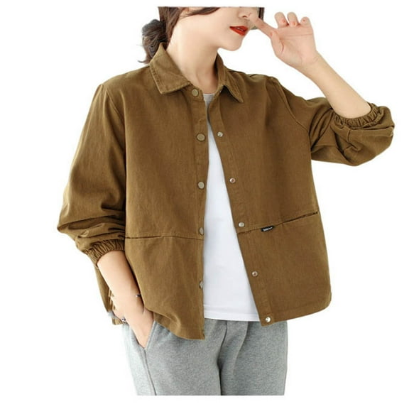 jtjvou Jacket Coat for Women with Flap Chest Pockets Casual Oversized Jean Jackets Coffee M