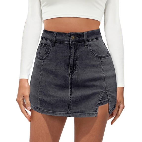jtjvou Jean Skorts for Woman High Waisted Trendy Slit Stretchy Denim Skirt with Shorts Y2K Casual Summer Skorts Skirts Gray S