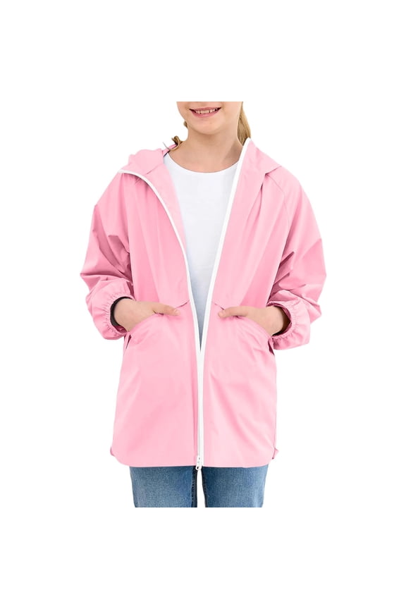 Kids Athletic Jacket Trench Raincoat Lightweight Fall Packable Rain Coat Windbreaker Solid Color Rain Jackets Waterproof with Hood Trendy Outdoor Jackets with Pockets Pink 140