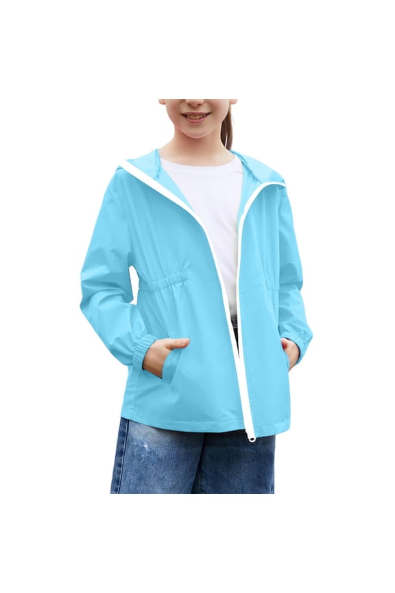Kids Solid Color Trench Raincoat Lightweight Fall Rain Jackets Waterproof with Hood Trendy Outdoor Jackets with Pockets Athletic Jacket Packable Rain Coat Windbreaker Sky Blue 110