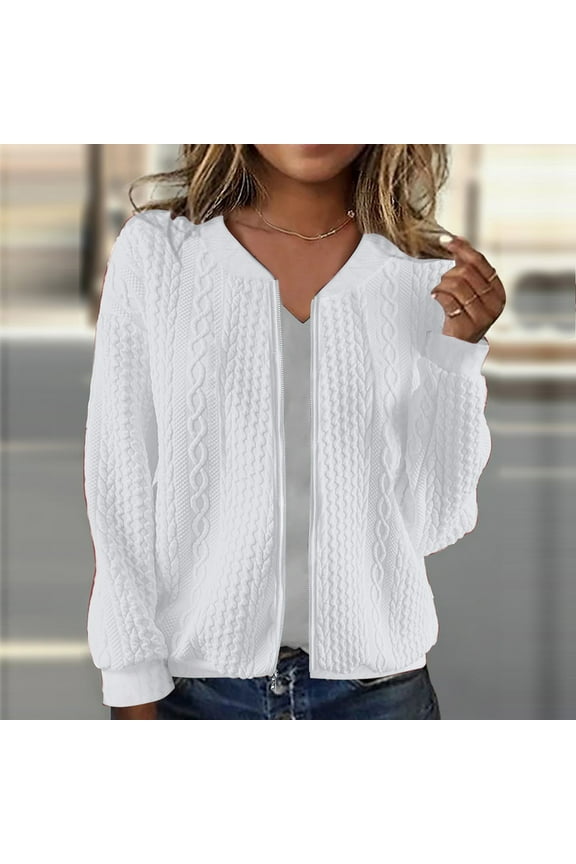 Knitted Long Sleeve Zip Sweater Jacket Casual Cropped Top Comfy Soft for Gym Workout Daily Wear Spring Winter Women's Outerwear Party Dance Performance White M