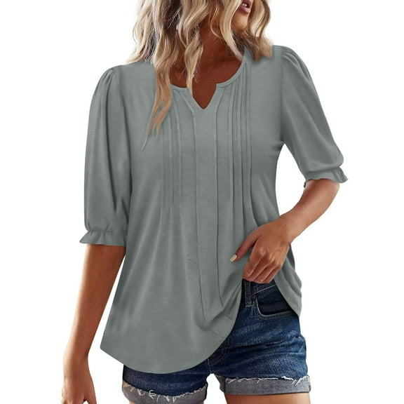 jtjvou Ladies 3/4 Sleeve Tops and Blouses V Neck Summer Tunic Tops Loose Fit Henley Work Blouse for Leggings 2025 Fall Gray M