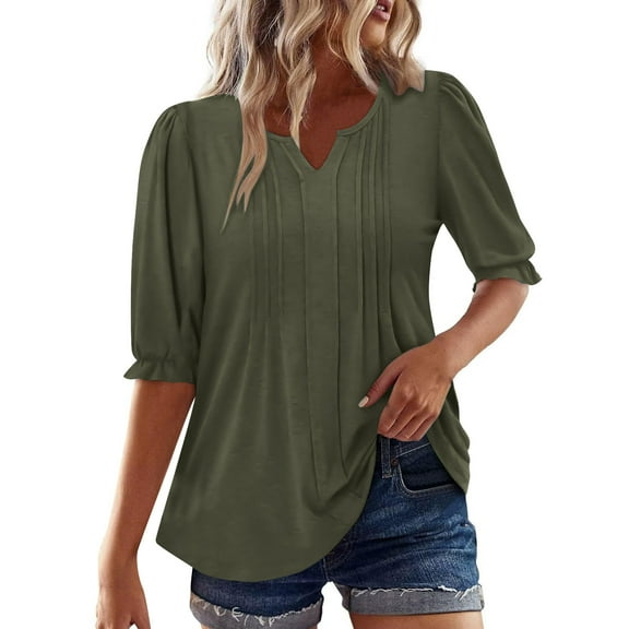 jtjvou Ladies 3/4 Sleeve Tops and Blouses V Neck Summer Tunic Tops Loose Fit Henley Work Blouse for Leggings 2025 Fall Green M