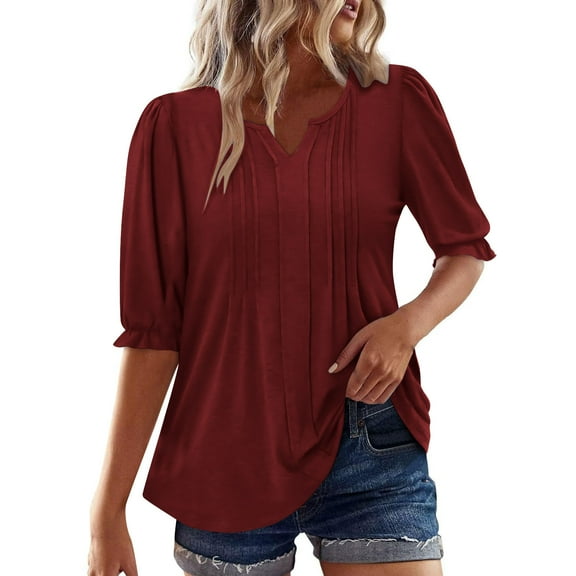 jtjvou Ladies 3/4 Sleeve Tops and Blouses V Neck Summer Tunic Tops Loose Fit Henley Work Blouse for Leggings 2025 Fall Red S