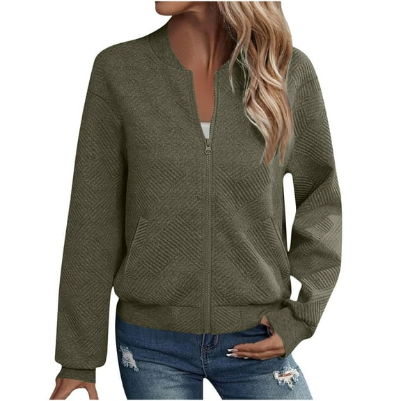 jtjvou Ladies Long Sleeve Zipper Jacket Hoodless Solid Color Outerwear Casual Lightweight Blouse for Autumn and Spring Wear Army Green L