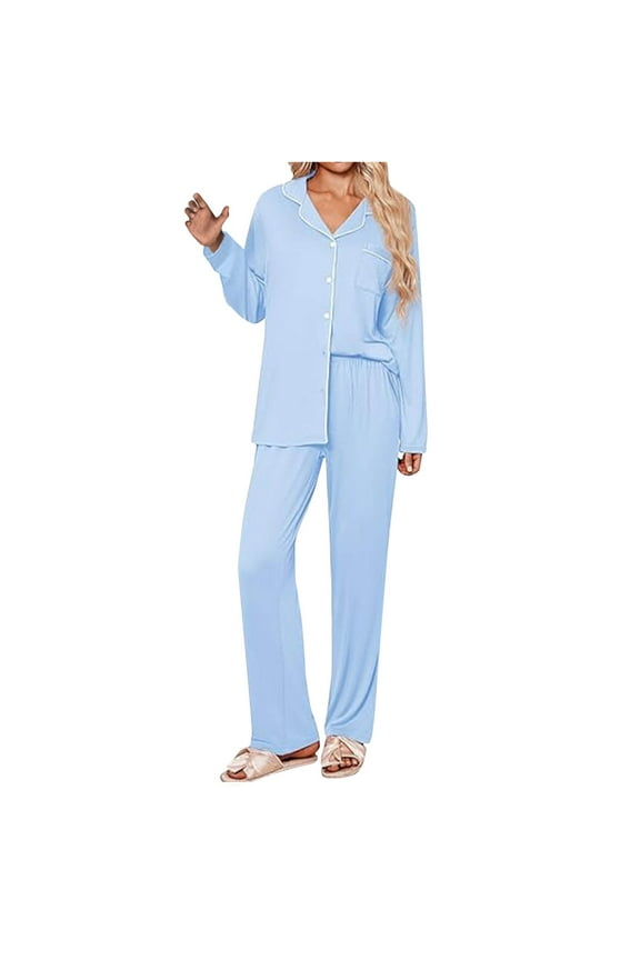 Ladies Pajamas Sets Long Sleeve Lounge Set Button Down Shirts and High Waisted Pants Pjs Set Comfy Casual Sleepwear Blue L