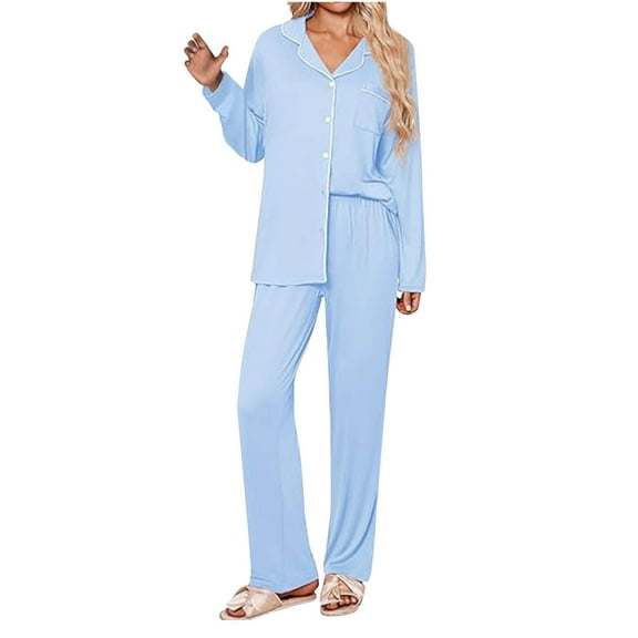 jtjvou Ladies Pajamas Sets Long Sleeve Lounge Set Button Down Shirts and High Waisted Pants Pjs Set Comfy Casual Sleepwear Blue M