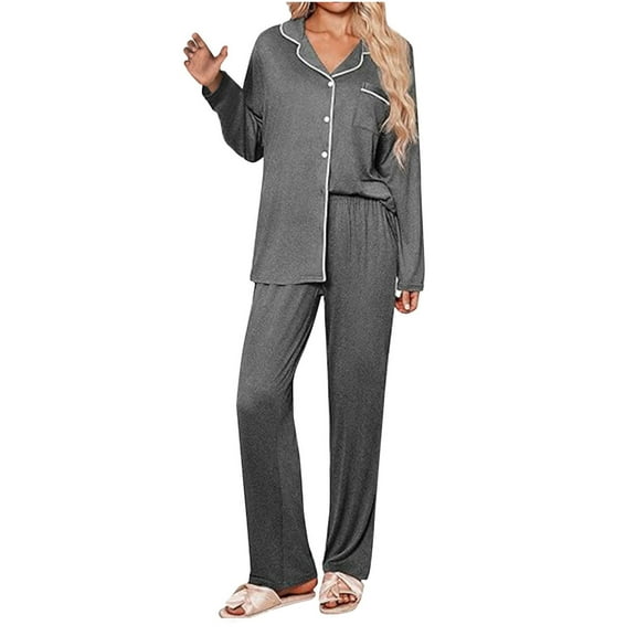 jtjvou Ladies Pajamas Sets Long Sleeve Lounge Set Button Down Shirts and High Waisted Pants Pjs Set Comfy Casual Sleepwear Gray M