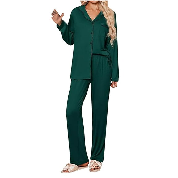 jtjvou Ladies Pajamas Sets Long Sleeve Lounge Set Button Down Shirts and High Waisted Pants Pjs Set Comfy Casual Sleepwear Green M