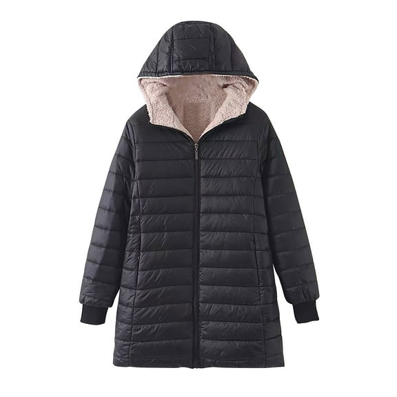 jtjvou Lamb Cotton-padded Coat Hooded Long Sleeves Casual Overcoat Stylish Design Comfortable Wear Spring Fall Outdoor Fashion Essential Black M
