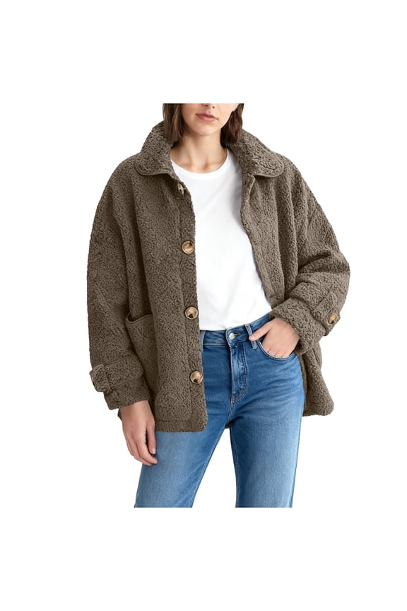 Lamb Wool Button Loop Jacket Warm Pocket Casual Top Comfortable Wear for Home and Work Women's Clothing Winter Fashion Gray XXL