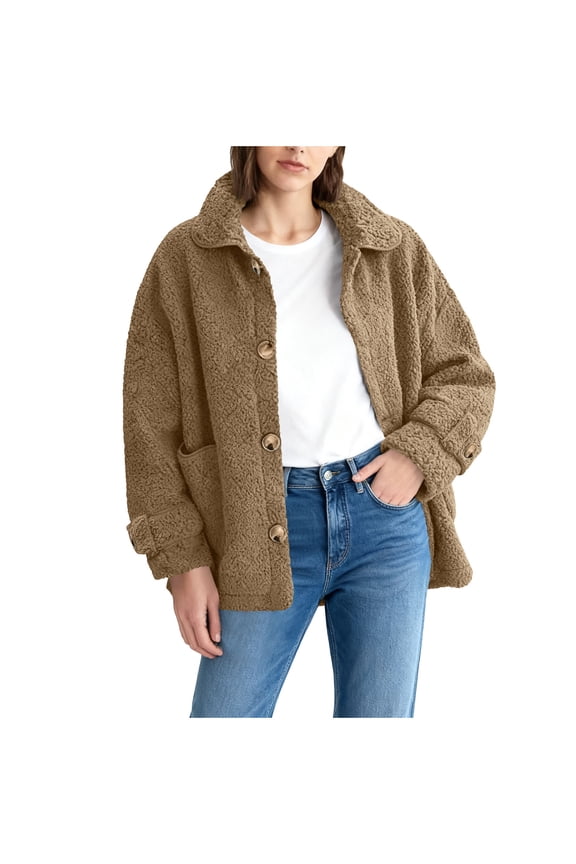 Lamb Wool Button Loop Jacket Warm Pocket Casual Top Comfortable Wear for Home and Work Women's Clothing Winter Fashion Yellow XL