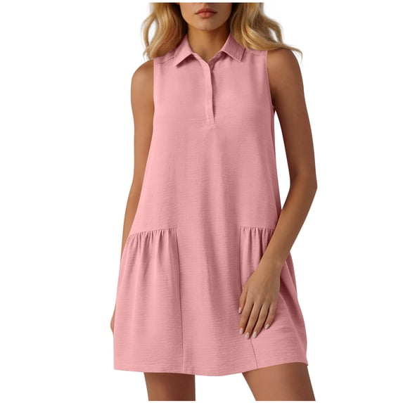 jtjvou Lapel Collar Cotton Linen Mini Dress for Women 2026 Summer Sleeveless Loose V Neck Casual Tiered Beach Dresses Pink XL