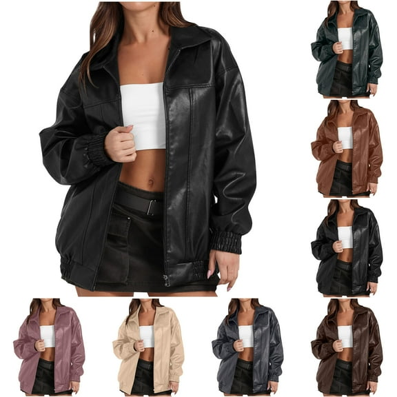 jtjvou Leather Jacket Women Faux Oversized Motorcycle Coats 2025 Fall Fashion Outfits Winter Clothes Black L