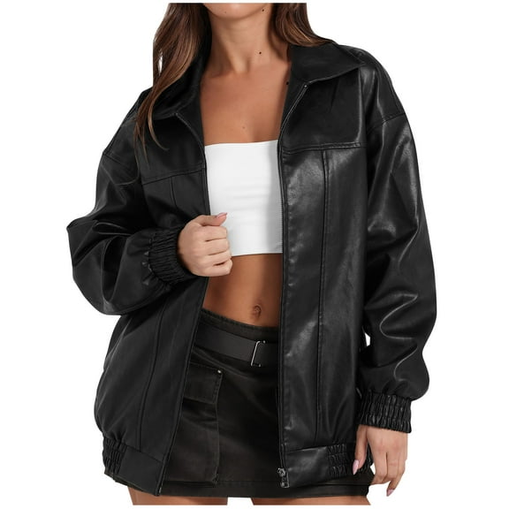 jtjvou Leather Jacket Women Faux Oversized Motorcycle Coats 2025 Fall Fashion Outfits Winter Clothes Black M