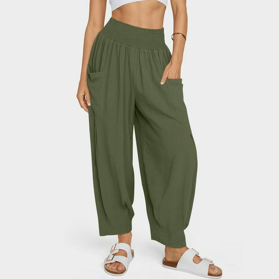 jtjvou Linen Harem Pants for Women Loose High Waist Elastic Drawstring Trousers Boho Wide Leg Travel Vacation Lounge Pants Green M