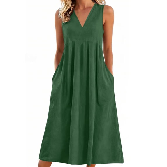 jtjvou Linen Maxi Dresses for Women Casual V-Neck Long House Dress Sleeveless Trendy Vacation Clothes Sundress with Pockets Green XXL