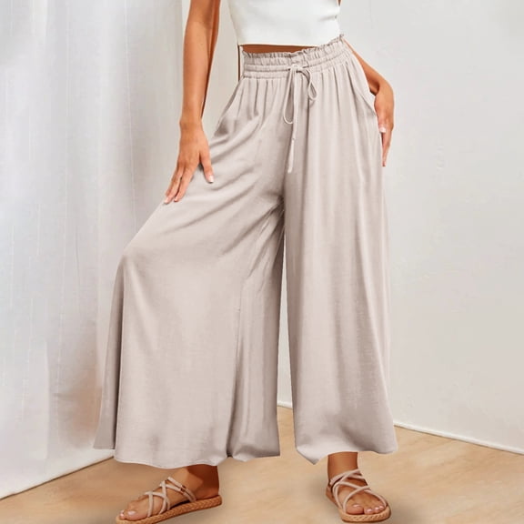 jtjvou Linen Palazzo Pants for Women Dressy Summer Wide Leg Flowy Pants Boho Linen Beach Trousers with Pockets Beige XXL