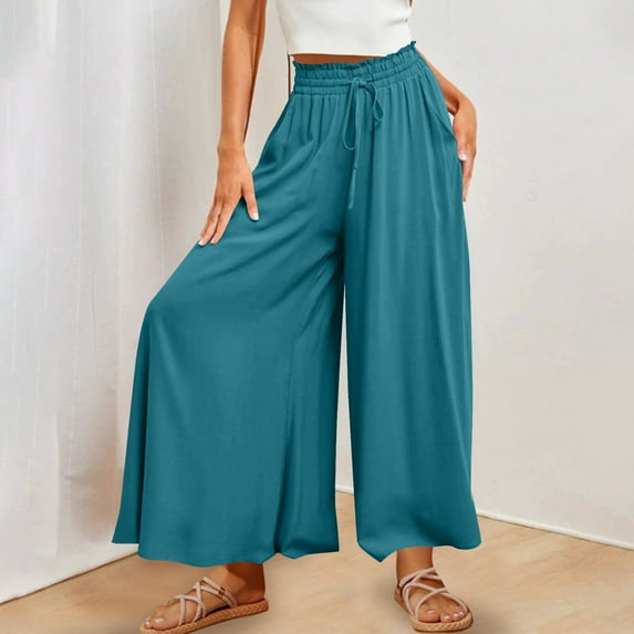 jtjvou Linen Palazzo Pants for Women Dressy Summer Wide Leg Flowy Pants Boho Linen Beach Trousers with Pockets Blue XXL