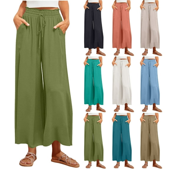 jtjvou Linen Palazzo Pants for Women Dressy Summer Wide Leg Flowy Pants Boho Linen Beach Trousers with Pockets Green L