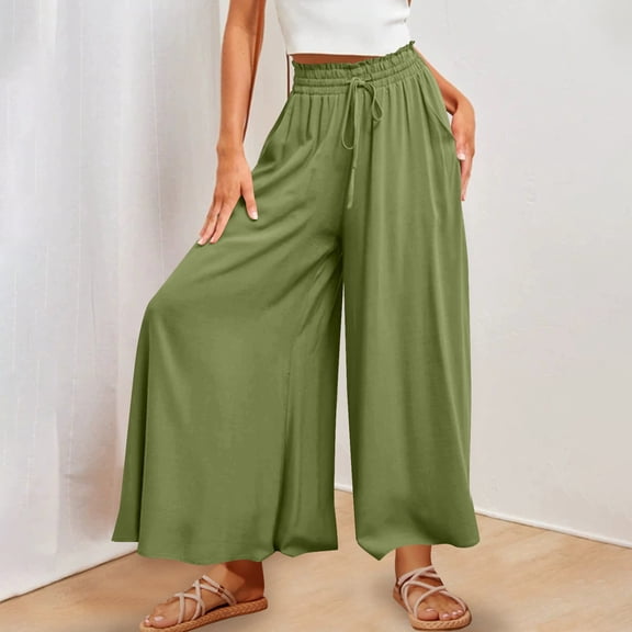 jtjvou Linen Palazzo Pants for Women Dressy Summer Wide Leg Flowy Pants Boho Linen Beach Trousers with Pockets Green XXL