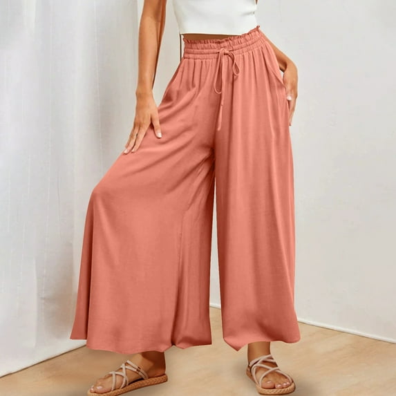 jtjvou Linen Palazzo Pants for Women Dressy Summer Wide Leg Flowy Pants Boho Linen Beach Trousers with Pockets Orange XXL