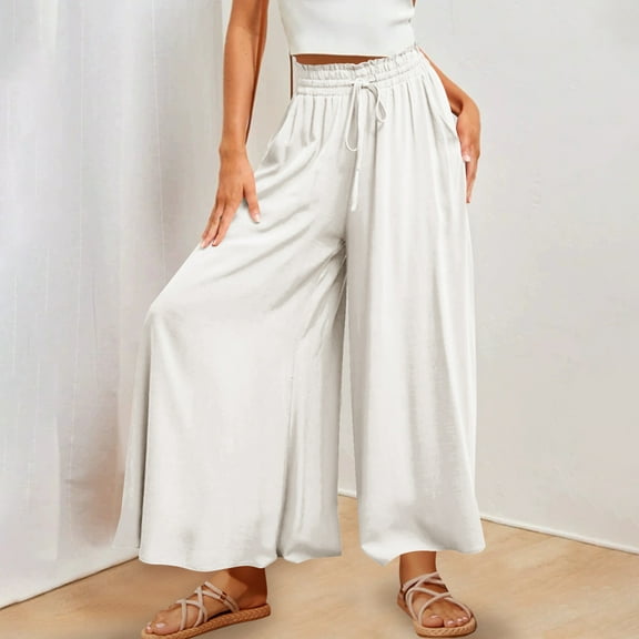 jtjvou Linen Palazzo Pants for Women Dressy Summer Wide Leg Flowy Pants Boho Linen Beach Trousers with Pockets White XXL