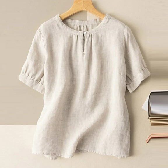 jtjvou Linen Shirt 2025 Summer Trendy Oversize Crewneck Cute Blouses Bohemian Short Sleeve Shirts Embroidered Tops Beige XXL